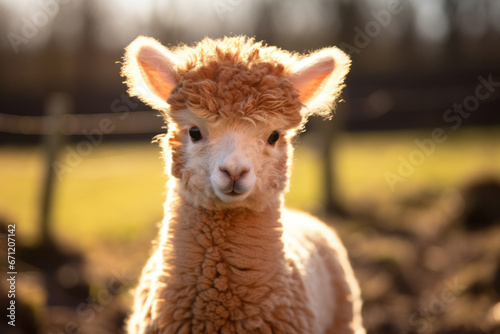 A baby alpaca with fluffy fur, focus on the fur and eyes