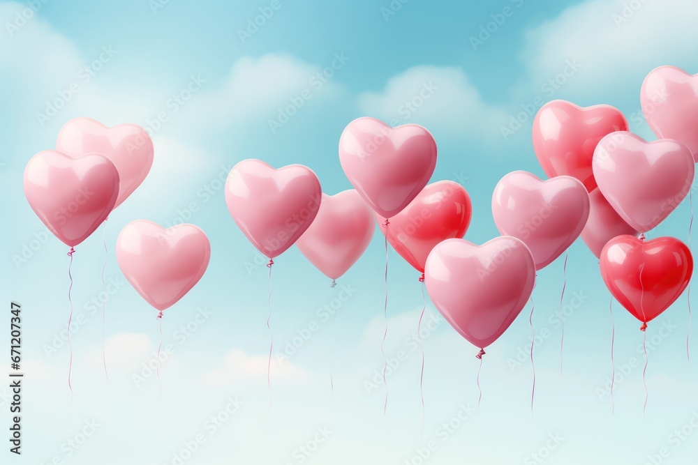 Heart shape balloons flying on blue sky. Valentines day. Pastel color ballons in the air