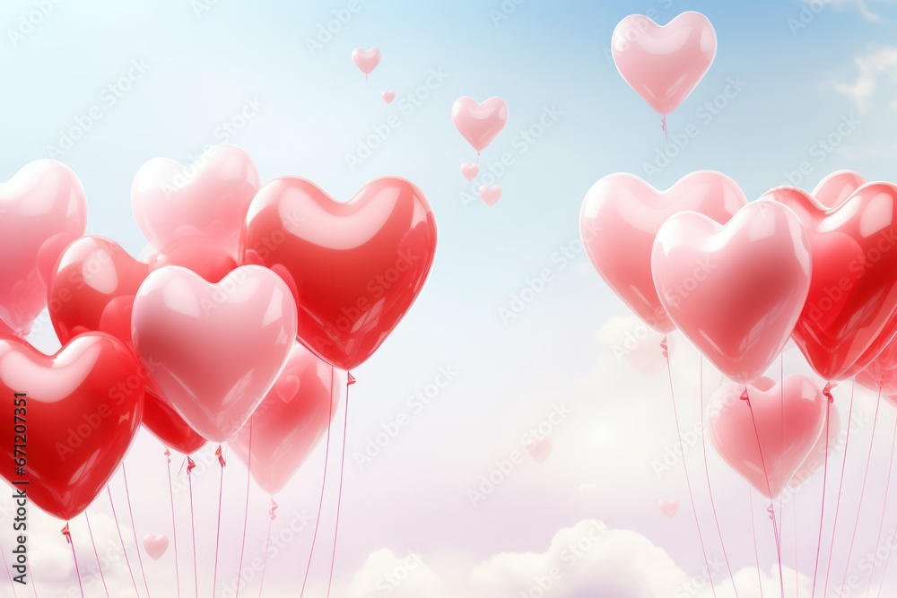 Heart shape balloons flying on blue sky. Valentines day. Pastel color ballons in the air, copy space. 