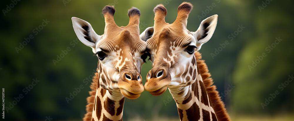 Obraz premium The close up face of two giraffes, a lover couple,are kissing under the sunshine in the savannah. Generative AI.