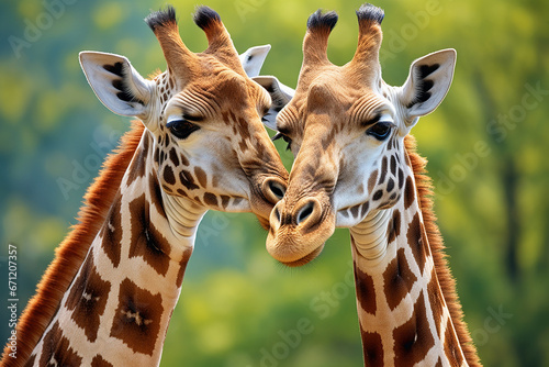 The close up face of  two giraffes, a lover couple,are kissing under the sunshine in the savannah. Generative AI.