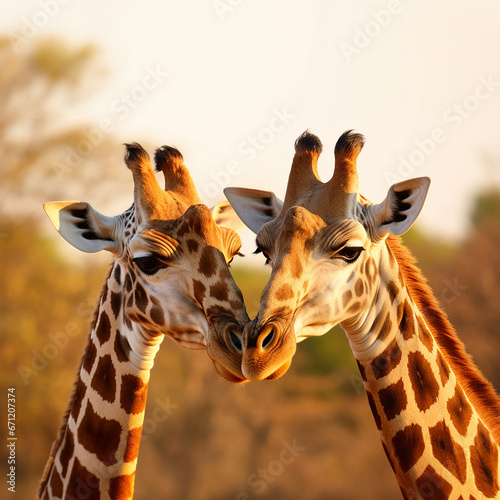 The close up face of two giraffes, a lover couple,are kissing under the sunshine in the savannah. Generative AI.