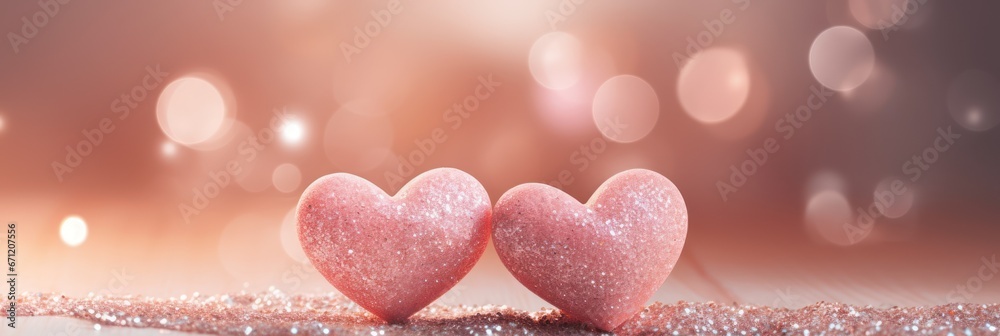 Valentines day banner, two pink glittered hearts on bokeh lights background - obrazy, fototapety, plakaty 