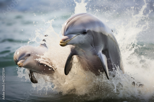 A baby dolphin jumping next to its mother