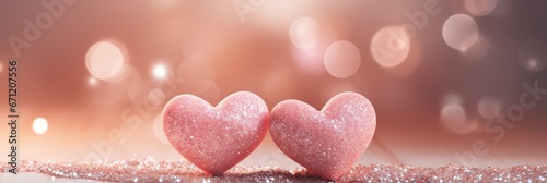 Valentines day banner, two pink glittered hearts on bokeh lights background
