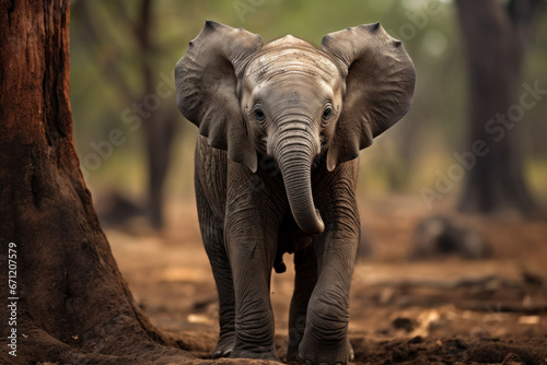 A baby elephant with its trunk up  focus on the texture and expression