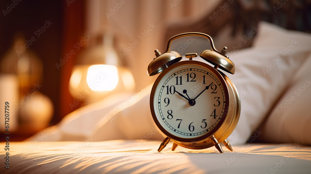 Alarm clock on the bedside table in the bedroom. Generation AI Alarm clock on the bedside table in the bedroom. Generation AI