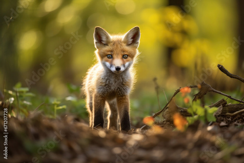 A baby fox exploring, focus on the fur and curiosity