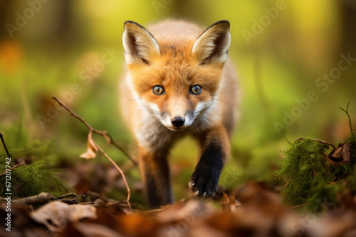 A baby fox exploring, focus on the fur and curiosity