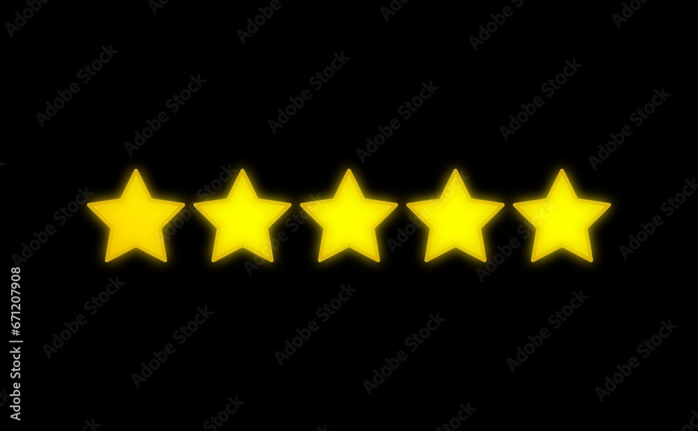 Five stars on black background. Five stars lined up on black background. Five stars on black background. Five stars lined up on black background.