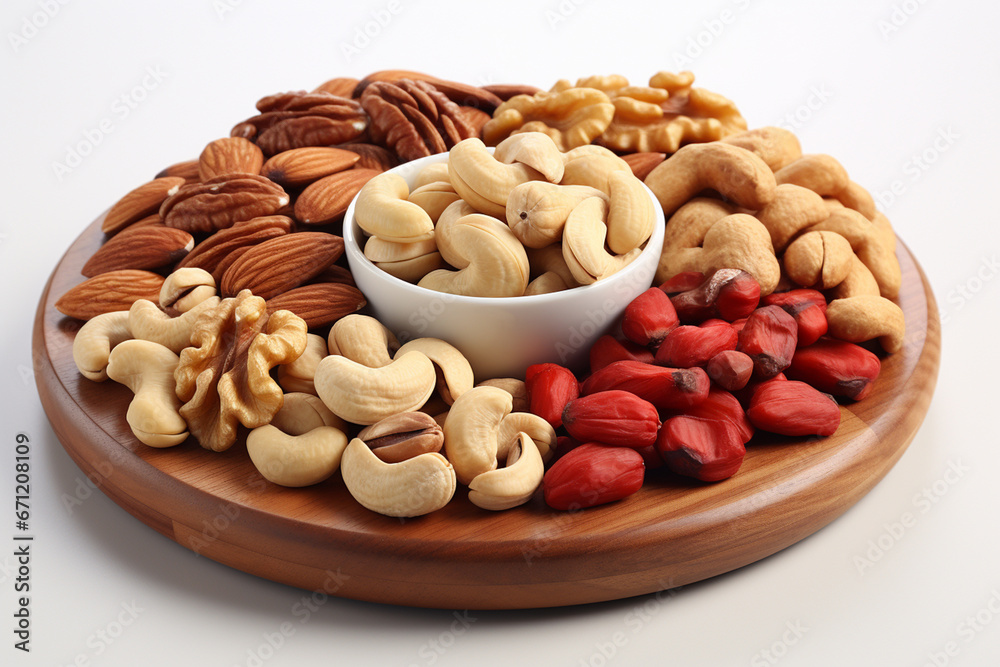 Mixed nuts in a bowl on a wooden plate on white background
