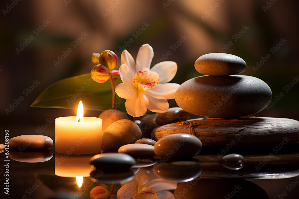 Zen basalt stones and orchid flower on the black background Zen basalt stones and orchid flower on the black background