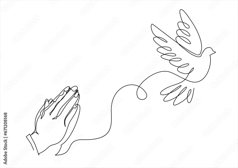 Fototapeta premium Continuous single one line drawing of Two Hands Pressed Together in Prayer Position and Flying Dove. Pray for peace. Action for Prayer, Gratitude, Greeting and Thankful Isolated on White Background