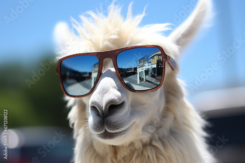 Close up of a white alpaca wearing sunglasses on a sunny day