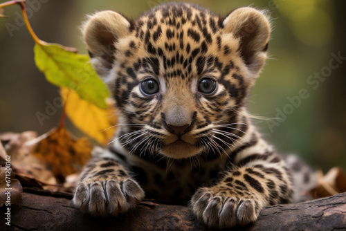 A baby jaguar playing with a leaf, focus on the paws and spots