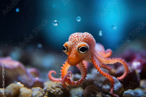 A baby octopus swimming, focus on the tentacles and colors © Nino Lavrenkova