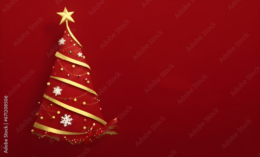 red christmas tree with ribbon, red theme banner red christmas tree with ribbon, red theme banner
