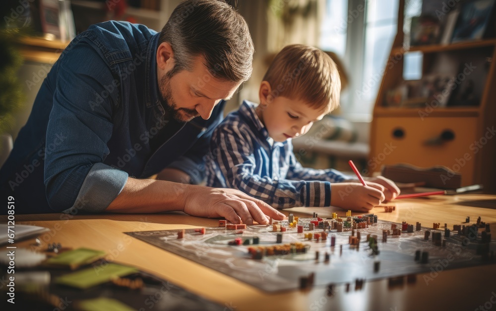 A parent helping a child with a school project at home