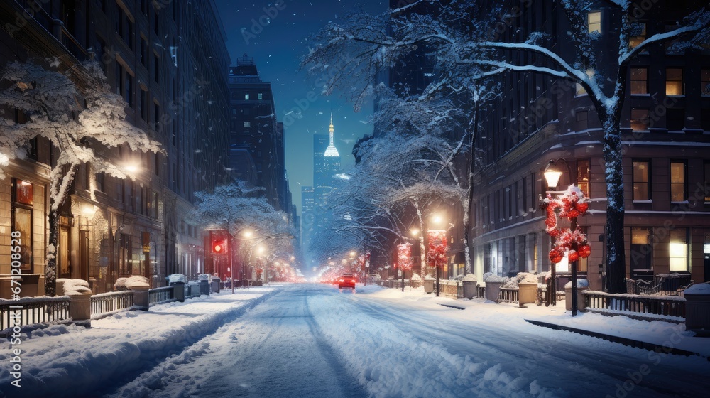 Snowy Night in the City: enchanting winter beauty of urban landscapes under a blanket of snow.