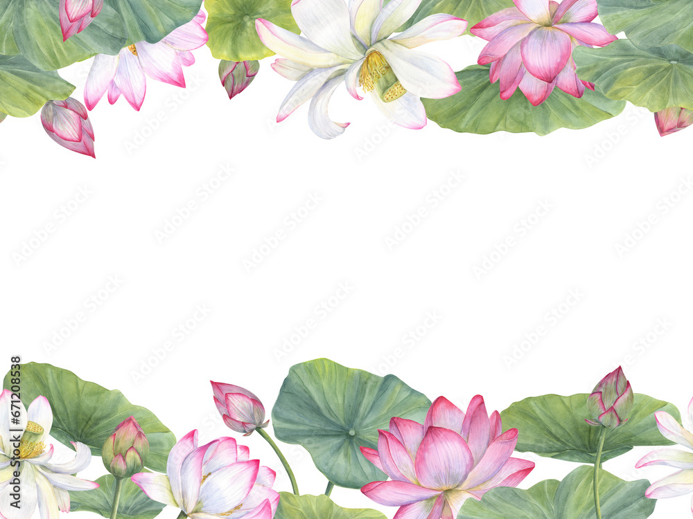Seamless banner of Vietnamese national flowers. Pink lotus with green leaves. Water lily, Indian lotus, green leaf, bud. Space for text. Watercolor illustration. Horizontal board