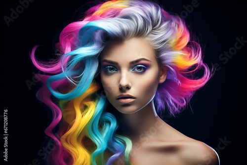 Portrait of a beautiful girl with rainbow neon asymmetric hair style on black background © voisine574