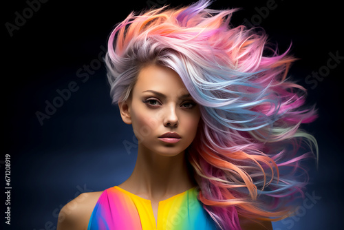 Portrait of a beautiful girl with rainbow neon asymmetric hair style on blue background.