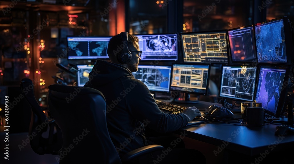 An individual in a control room, surrounded by multiple screens displaying data, is focused on monitoring tasks while wearing headphones.
