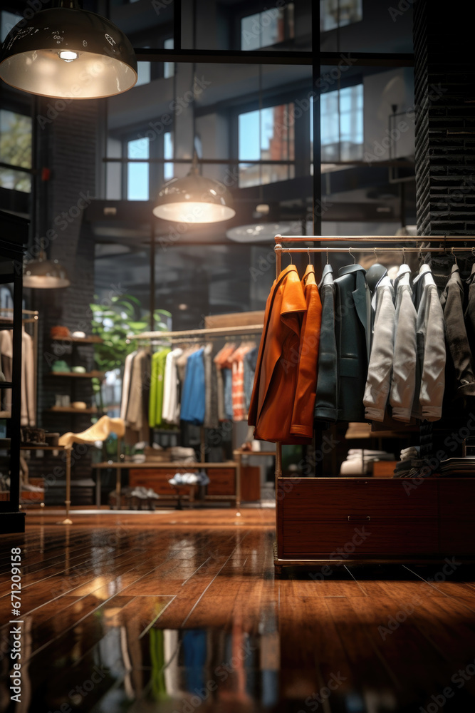 A picture of a clothing store with clothes hanging on a rack. This image can be used to showcase the variety of clothing options available in a store or to illustrate a shopping experience