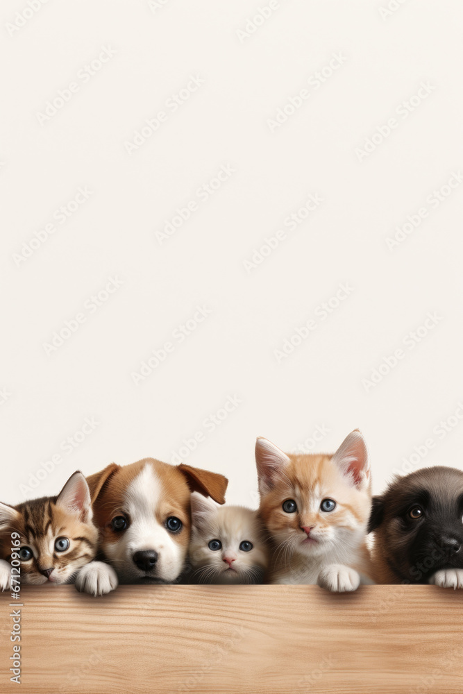 A group of cats and dogs sitting together on top of a wooden table. Perfect for pet lovers or animal-themed designs