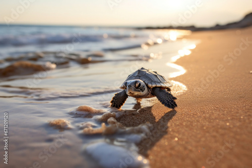 A baby turtle making its way to the sea, focus on the journey and shell