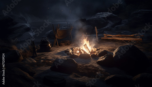 Burning firewood heats the campfire on the mountain at night generated by AI