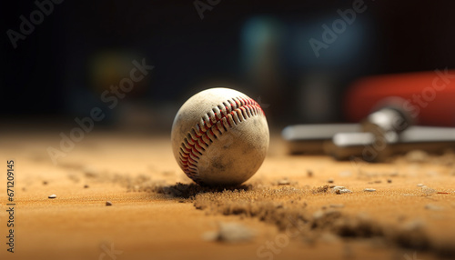 Dirty infield, selective focus on baseball equipment, competitive team sport generated by AI