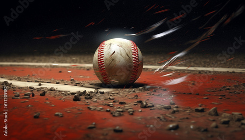 Competitive baseball team hitting ball with fiery speed on infield generated by AI