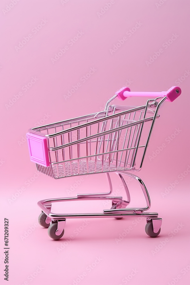 A pink shopping cart placed on a pink background. Perfect for showcasing retail, shopping, consumerism, and e-commerce concepts. A pink shopping cart placed on a pink background. Perfect for showcasing retail, shopping, consumerism, and e-commerce concepts.