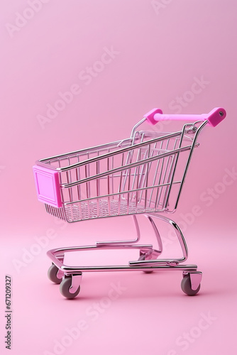 A pink shopping cart placed on a pink background. Perfect for showcasing retail, shopping, consumerism, and e-commerce concepts.