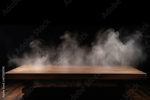 A wooden table with steam rising out of it. Can be used to depict a hot beverage, cooking, or a cozy atmosphere