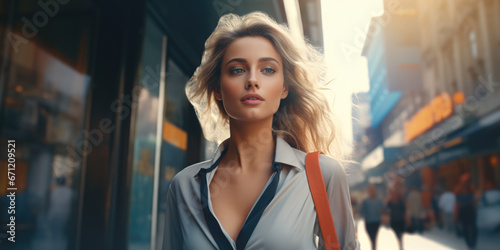 A woman is walking down a city street. This image can be used to depict urban life or as a representation of daily routines in a bustling city photo