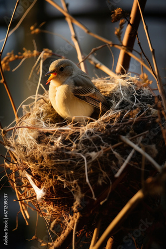 A bird building a nest, focus on the beak and twigs. Vertical photo