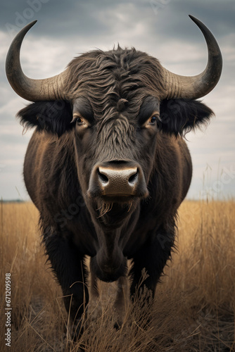A buffalo in a field, focus on the horns and fur. Vertical photo
