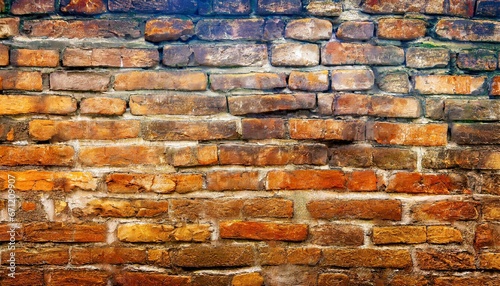 Old wall background with stained aged bricks  full texture  panoramic view