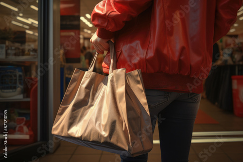 A woman is depicted wearing a red jacket and carrying a brown bag. This image can be used to represent fashion, shopping, or daily life activities