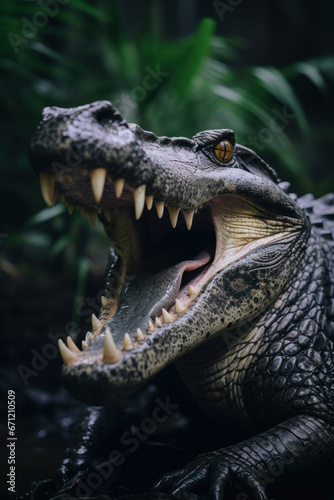 A crocodile with its mouth open, focus on the teeth. Vertical photo © Nino Lavrenkova