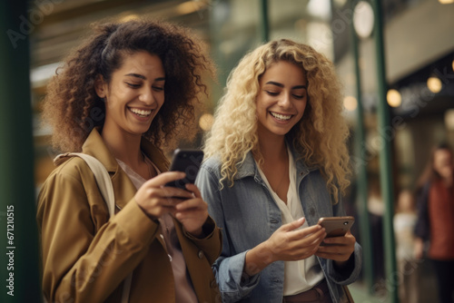 Two women standing next to each other, both engaged in using their cell phones. This image can be used to depict modern technology usage, friendship, or social media interaction