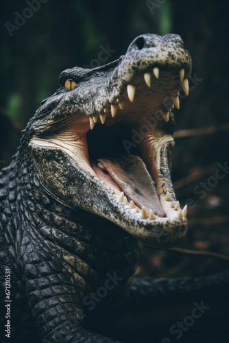 A crocodile with its mouth open  focus on the teeth. Vertical photo