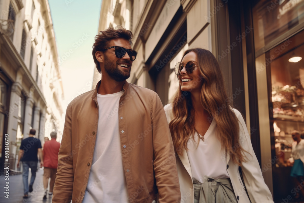 Naklejka premium A picture of a man and a woman walking together on a street. This image can be used to depict couples, relationships, or urban scenes