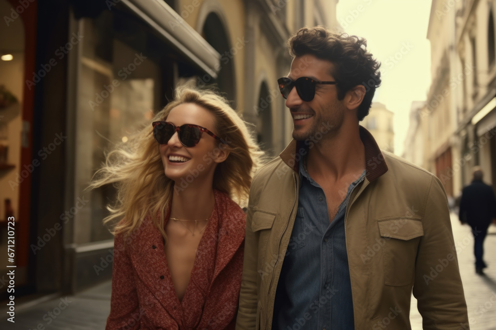 A man and a woman walking together on a street. Suitable for lifestyle and urban scenes A man and a woman walking together on a street. Suitable for lifestyle and urban scenes