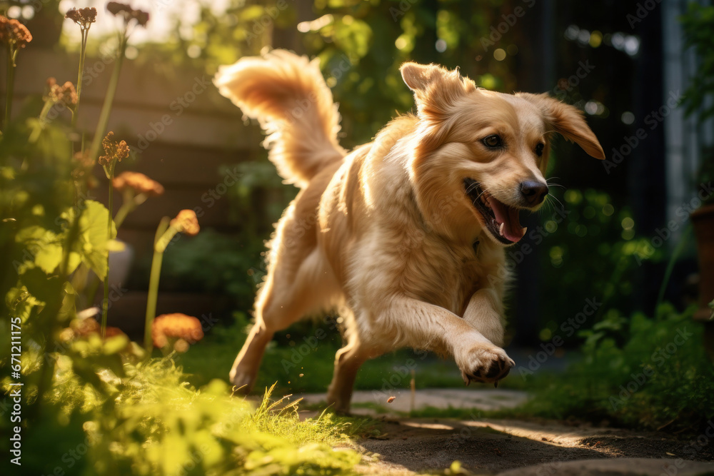 A beige dog happily runs towards his owner. Golden fur of a dog

