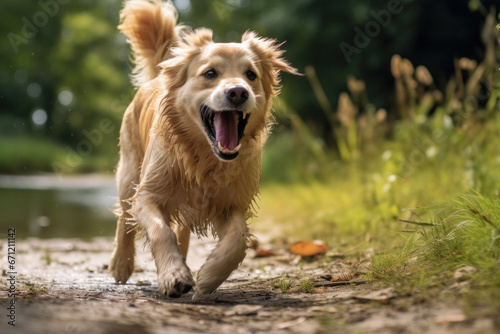 A beige dog happily runs towards his owner. Golden fur of a dog