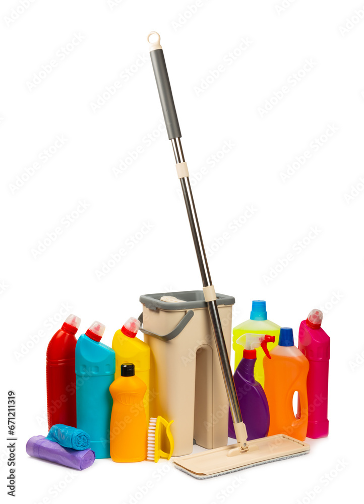 Fototapeta premium Plastic mop and bucket with cleaning supplies isolated on white background. Bottles with various detergents.Cleaning agent for windows, floor,toilets and plumbing fixtures.Cleaning of home and offices