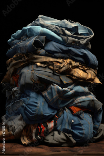 A pile of clothes sitting on top of a wooden table. This image can be used to depict laundry, fashion, organization, or cleanliness.